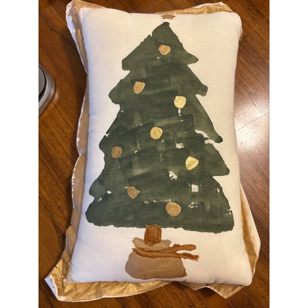 Christmas Tree Decorative Pillow With Gold Accents & Satin Trim 11" x 17"‎